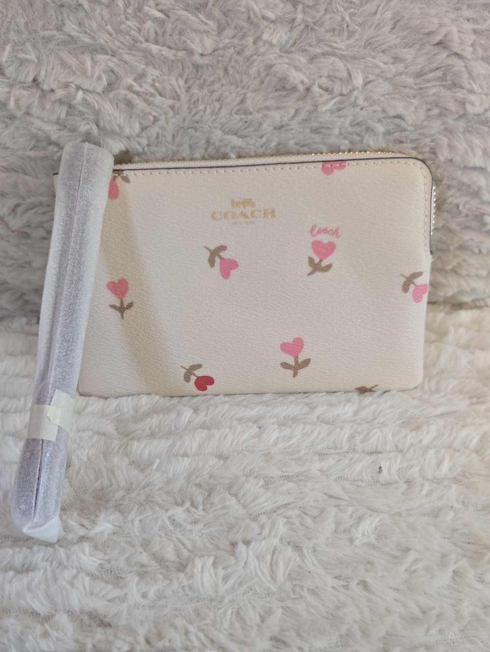 COACH Floral Heart Print Wristlet - Cream with Pink Accents NWT